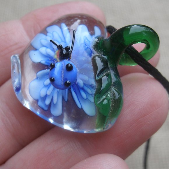 Murano Glass Apple Lady Bug Blue Flower Necklace - Picture 11 of 14
